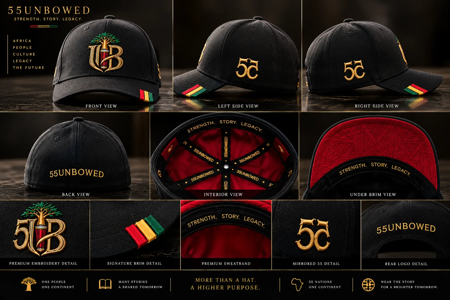 55UNBOWED black core structured cap, shown from several angles with detail shots and the deep red interior. Pre-production concept visual.