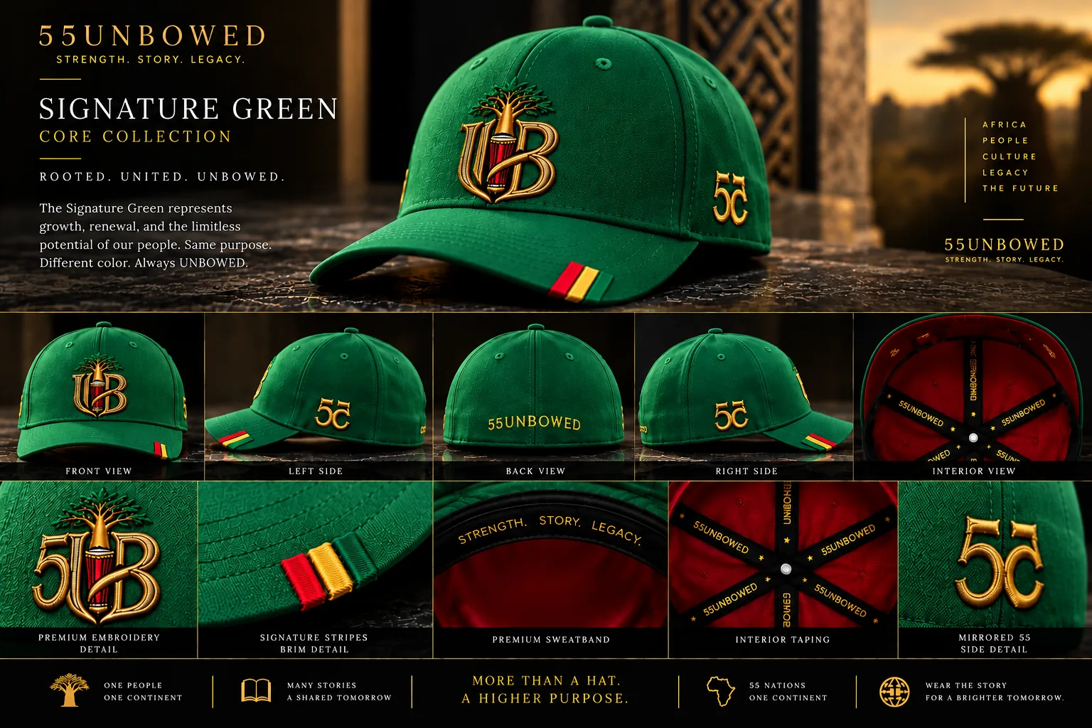 55UNBOWED Signature Green cap, shown from several angles with the gold emblem, signature stripes and the deep red interior. Pre-production concept visual.