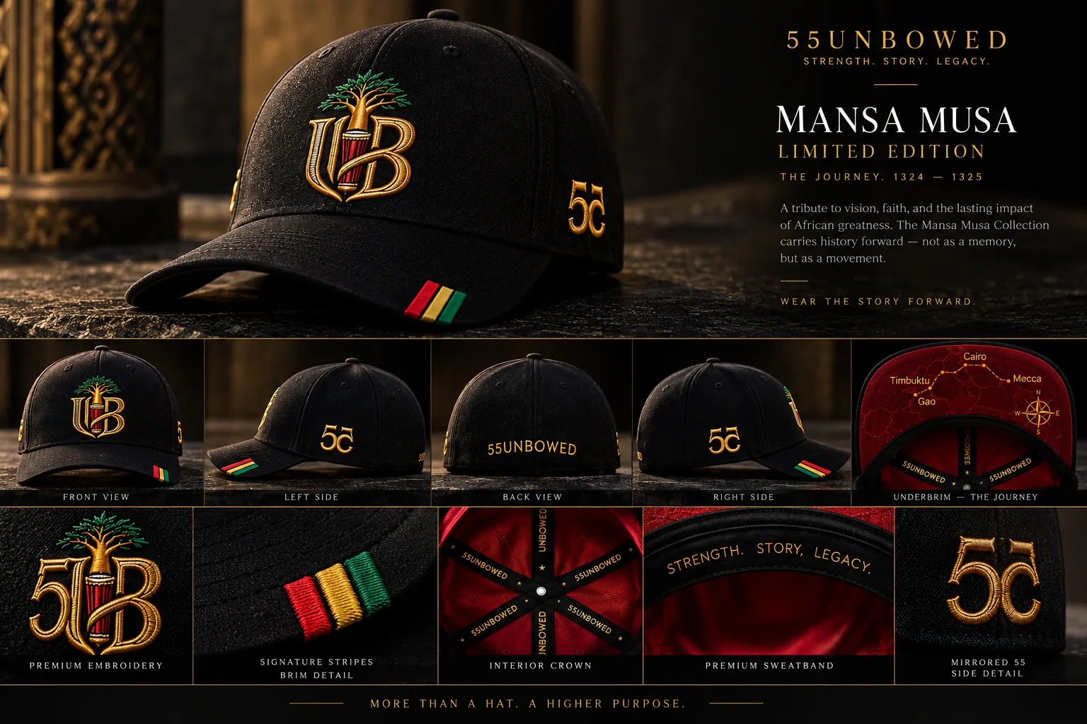 55UNBOWED Mansa Musa Limited Edition cap, black with gold embroidery, shown from several angles with the deep red interior and the underbrim journey map. Pre-production concept visual.