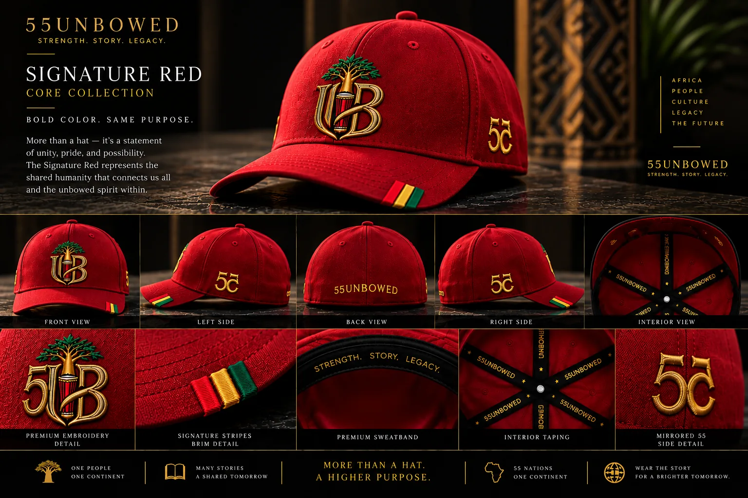 55UNBOWED Signature Red cap, shown from several angles with the gold emblem, signature stripes and the mirrored 55 side detail. Pre-production concept visual.
