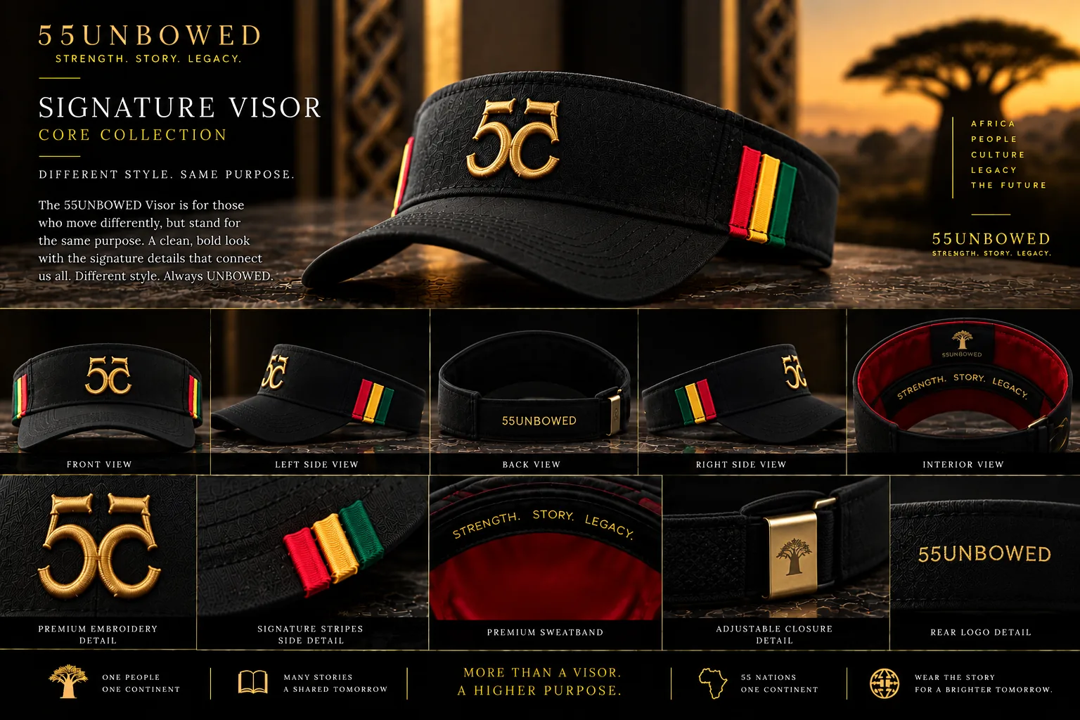 55UNBOWED Signature Visor, black with gold mirrored 55 and signature stripes, shown from several angles with detail shots. Pre-production concept visual.