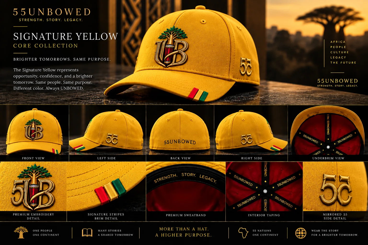 55UNBOWED Signature Yellow cap, shown from several angles with the gold emblem, signature stripes and the deep red interior. Pre-production concept visual.