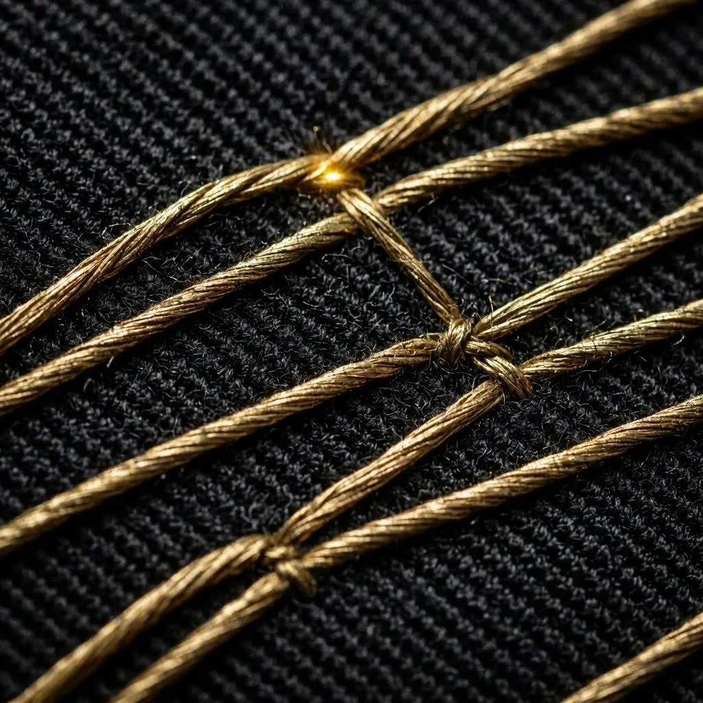 Macro view of gold thread stitched through dark woven fabric at the emblem