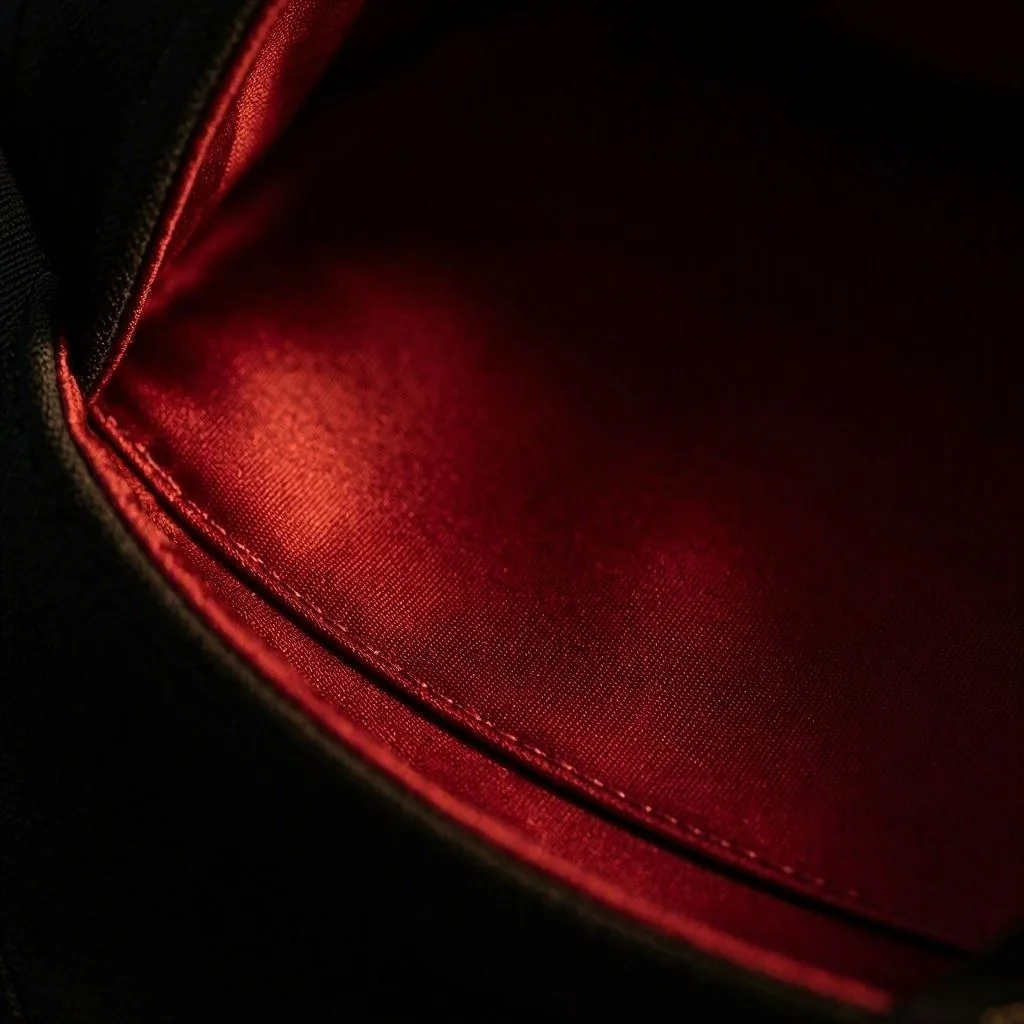 Close view inside the cap crown, showing the deep red satin lining and its stitched seam