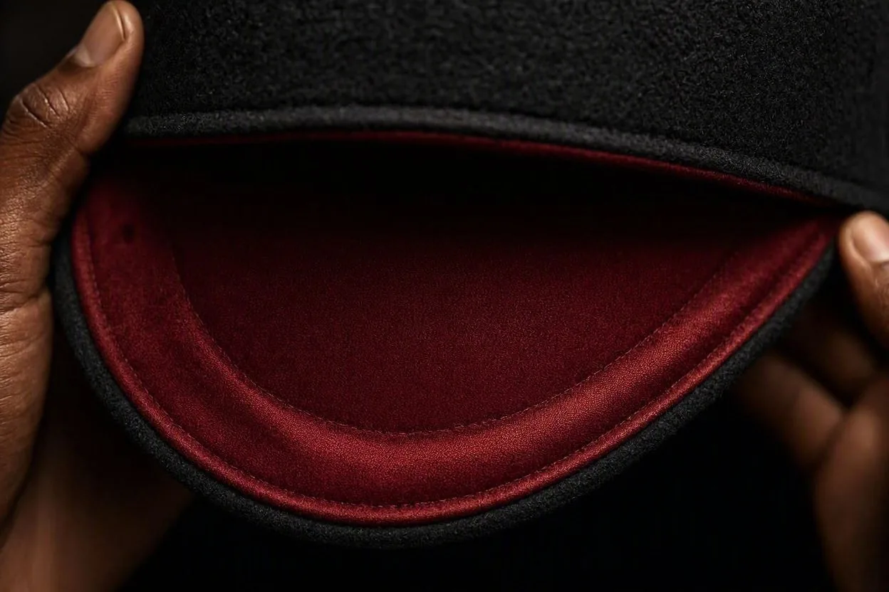 Two hands holding the cap open to reveal the red underbrim beneath the black peak