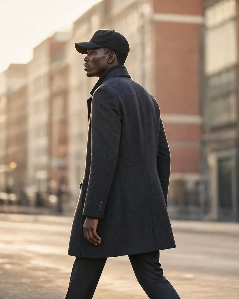 A man in a long dark coat and cap walking a city street in early light