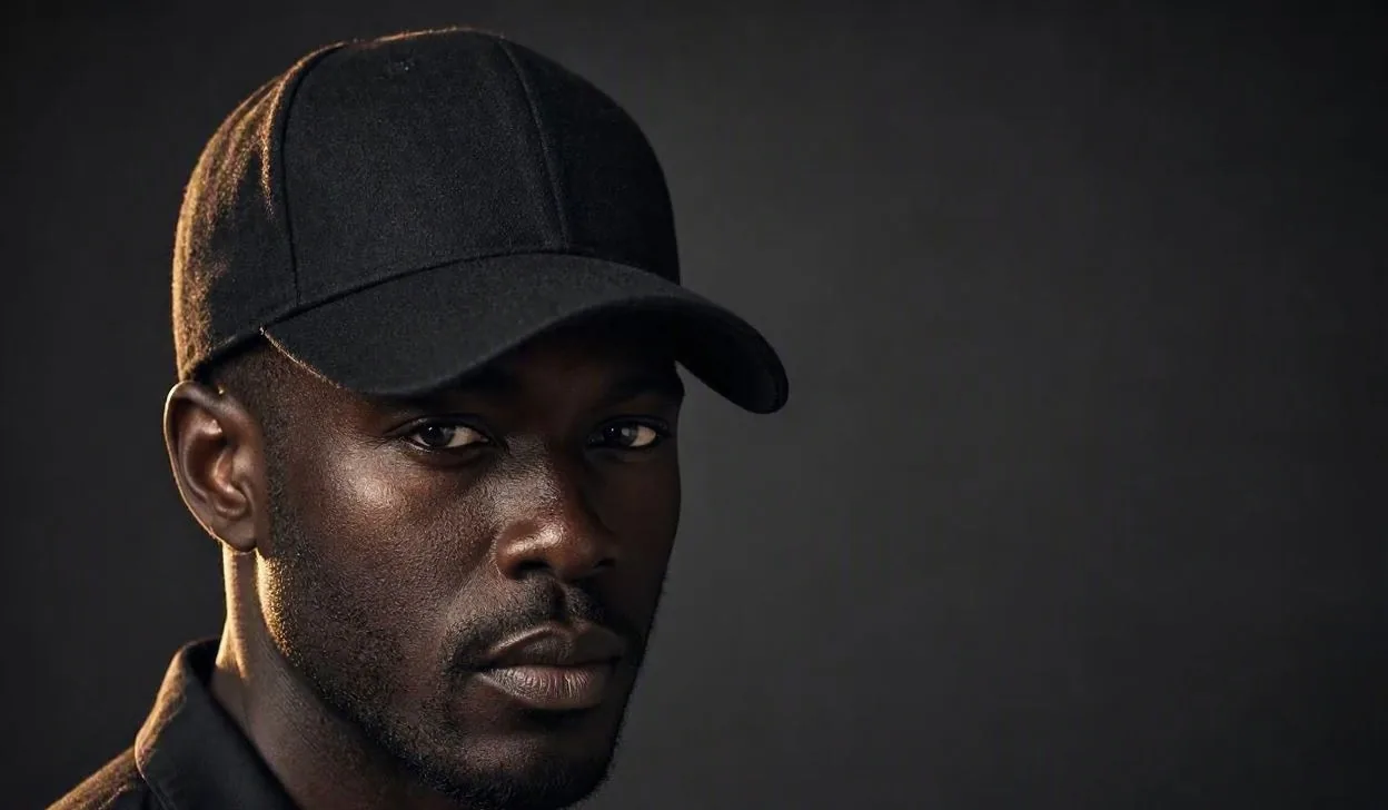 A man in a black UNBOWED cap, turned to the camera and lit from the left against a dark ground