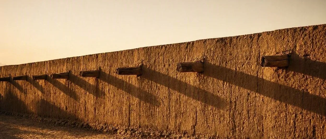 A sunlit mud-brick wall with projecting wooden beams, Sahelian architecture of the kind found along the route
