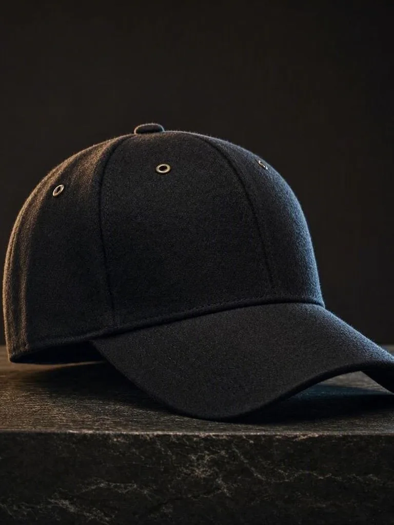 The Mansa Musa Collection cap, black on black, resting on a dark stone plinth