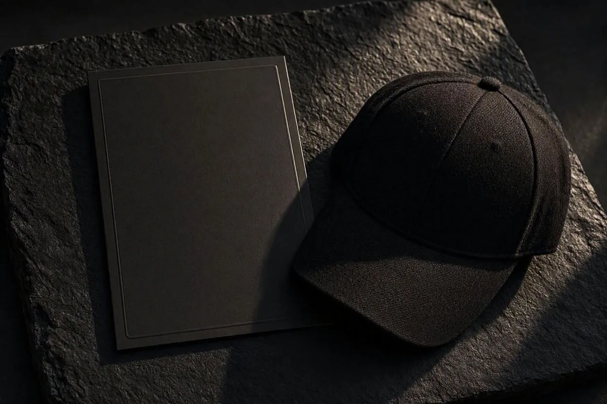 The cap and a dark debossed Story Card laid side by side on stone