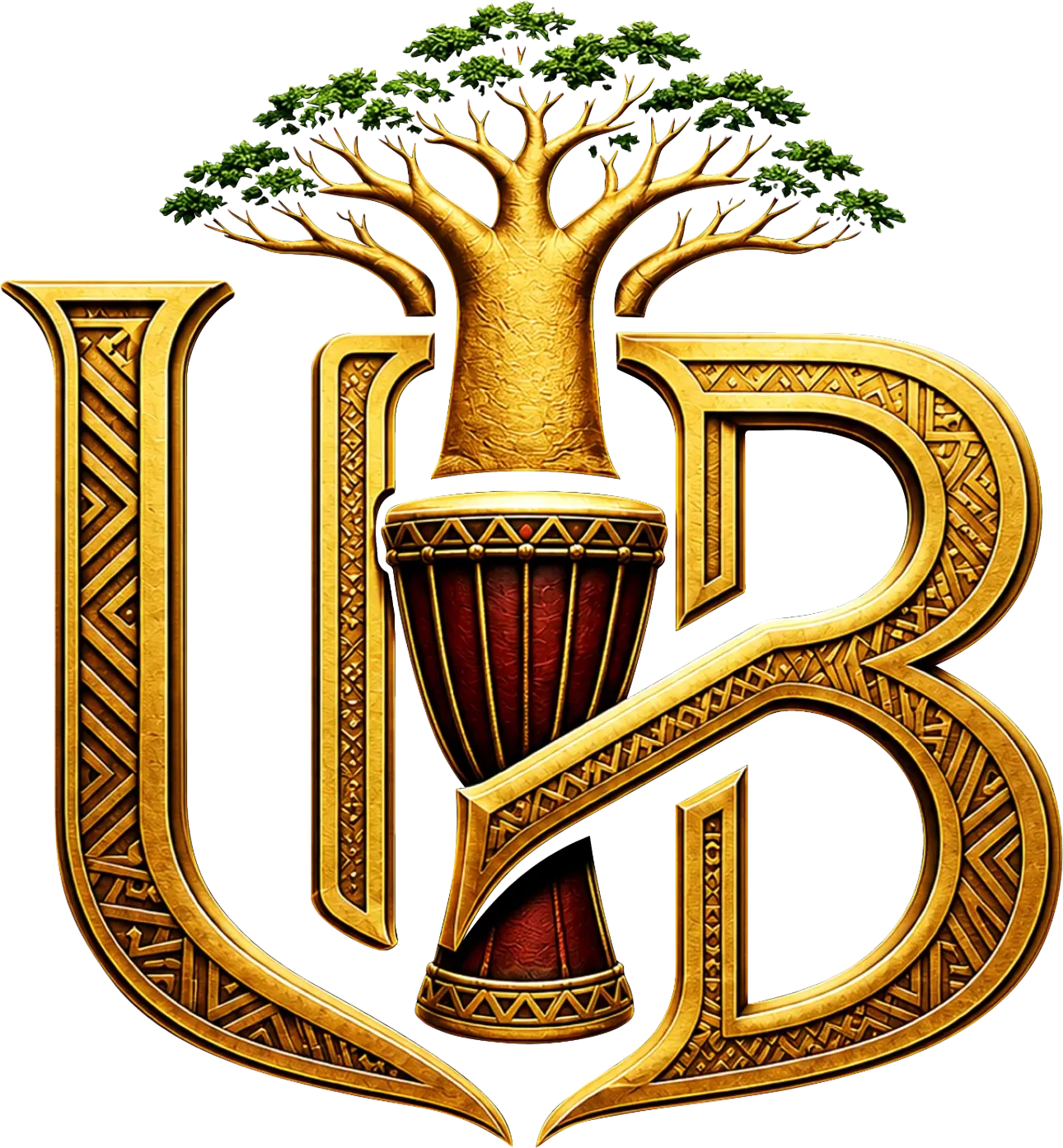The 55UNBOWED emblem: a gold UB monogram framed by a baobab tree above and a traditional African drum at its centre.